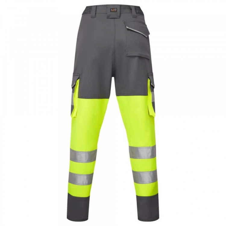 Leo Workwear CL04-Y/GY BECKAMOOR ISO 20471 Class 1 EcoViz Stretch Womens Poly Cotton Cargo Trouser Yellow Grey